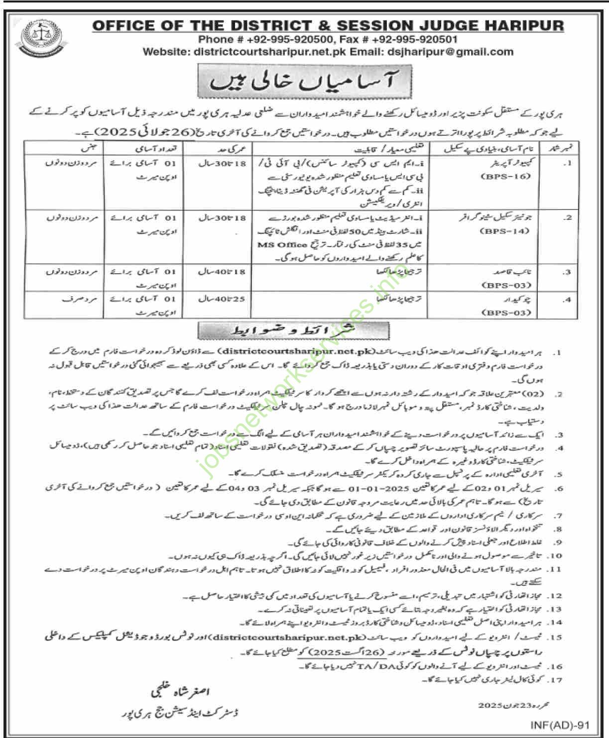 Office of the District & Session Judge Haripur Jobs 2025