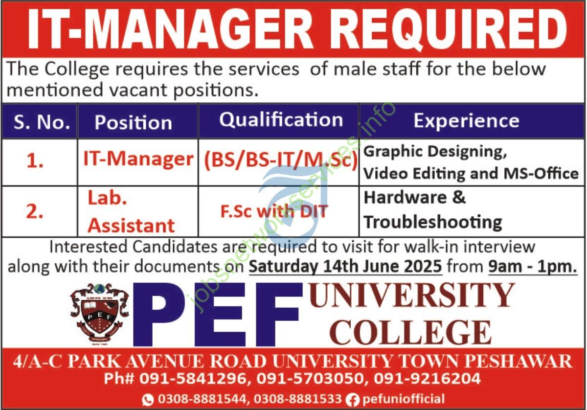PEF University College Peshawar Jobs 2025