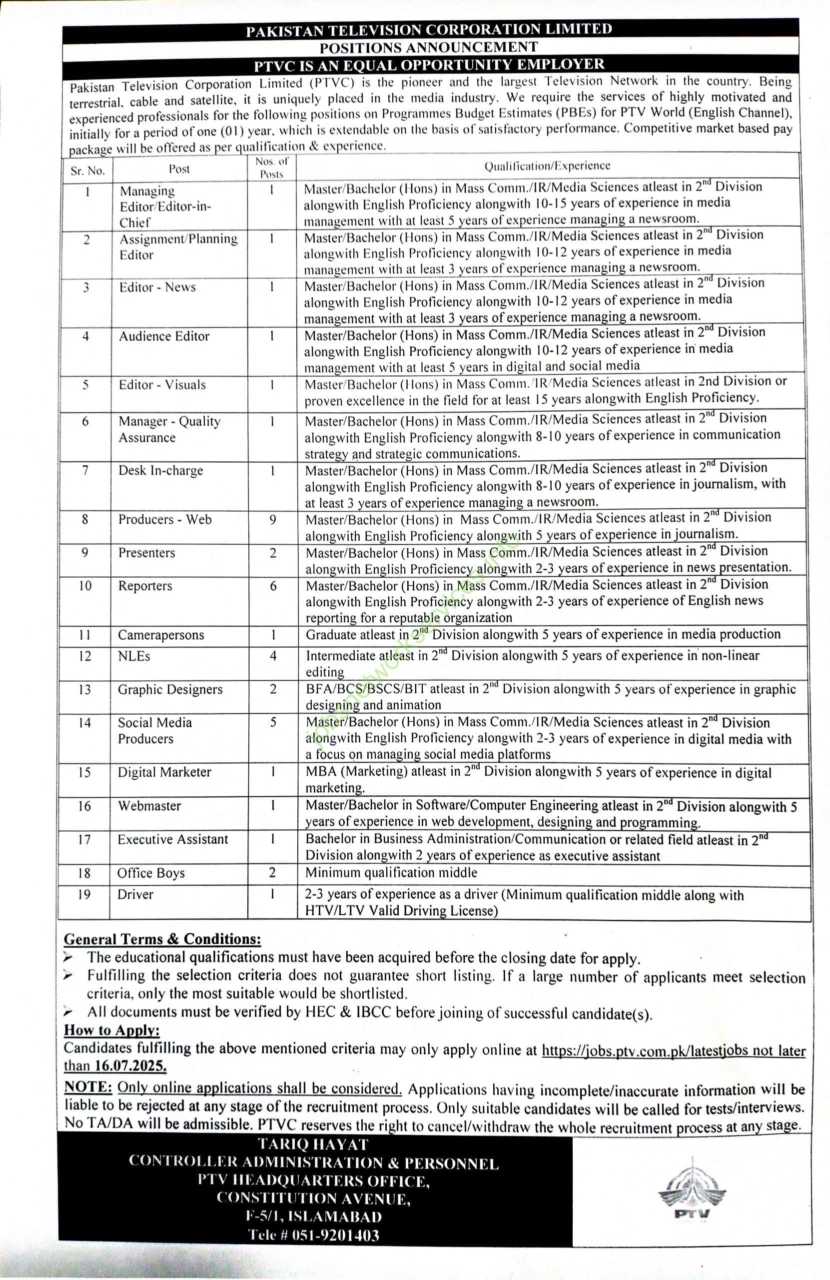 PAKISTAN TELEVISION CORPORATION LIMITED (PTVC) JOBS 2025
