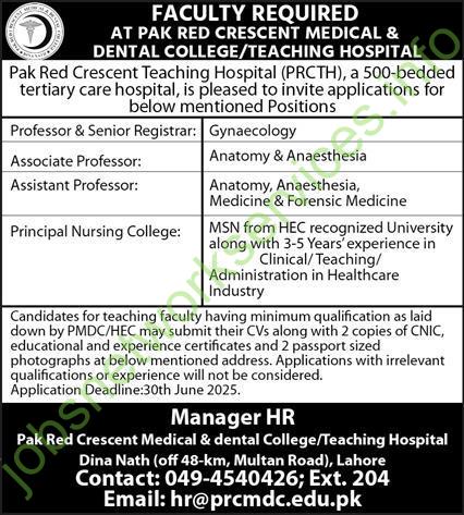Pak Red Crescent Teaching Hospital Lahore Jobs 2025 – Faculty Positions