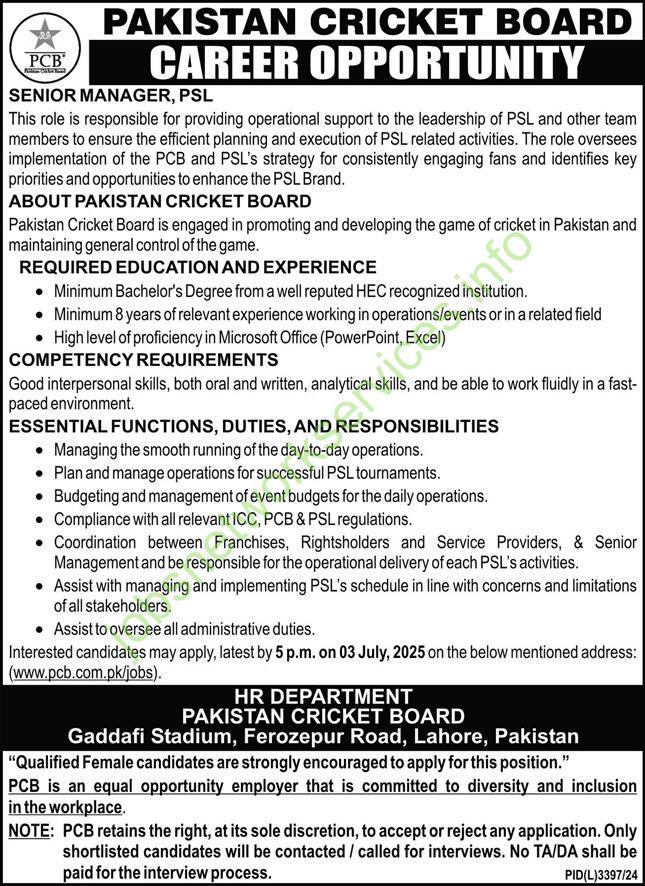 Pakistan Cricket Boar PCB Jobs 2025