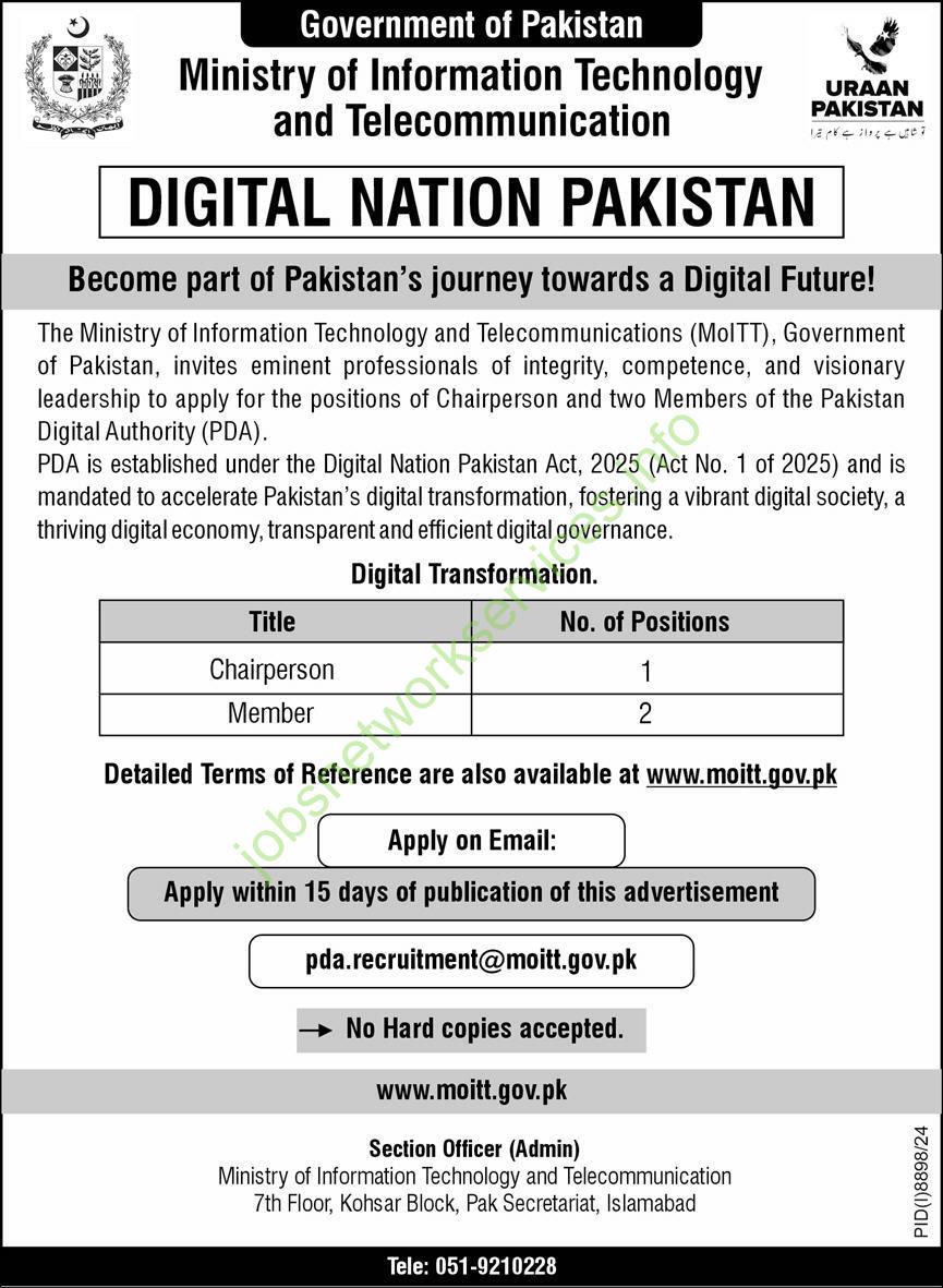 Pakistan Digital Authority PDA Jobs 2025 Latest MOITT Job
