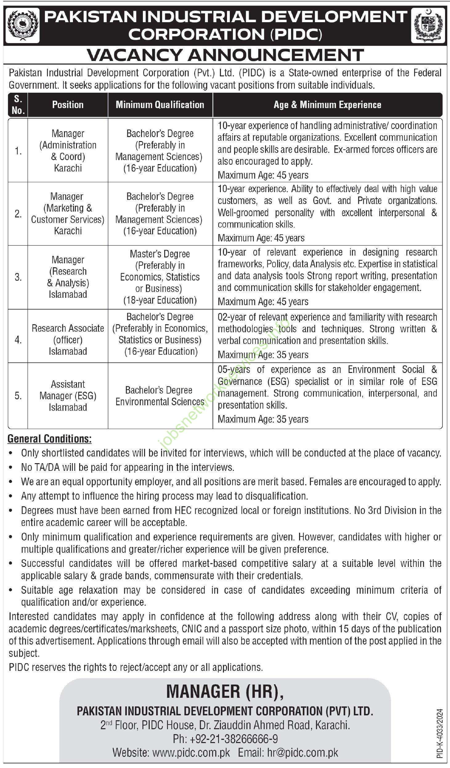 Pakistan Industrial Development Corporation PIDC Jobs 2025