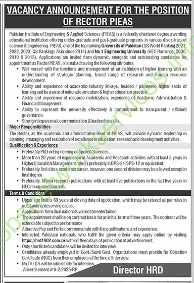 Pakistan Institute of Engineering and Applied Sciences PIEAS Jobs 2025