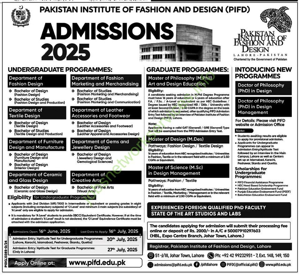 Pakistan Institute of Fashion and Design PIFD Admissions Open Jobs 2025