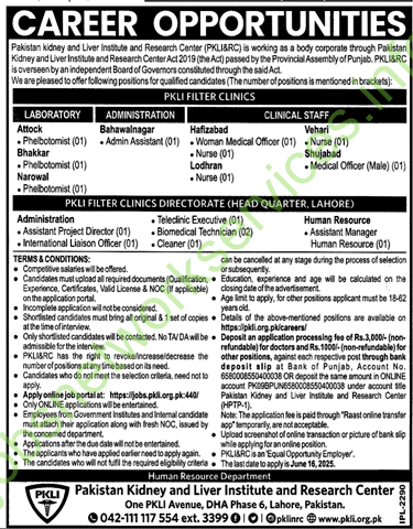 Pakistan Kidney and Liver Institute and Research Center PKLI Jobs 2025
