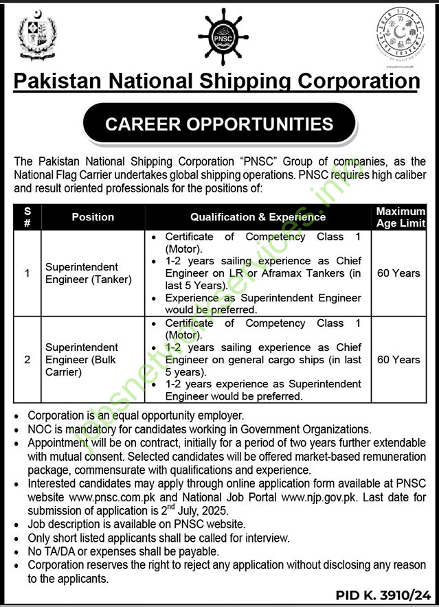 Pakistan National Shipping Corporation PNSC Jobs 2025