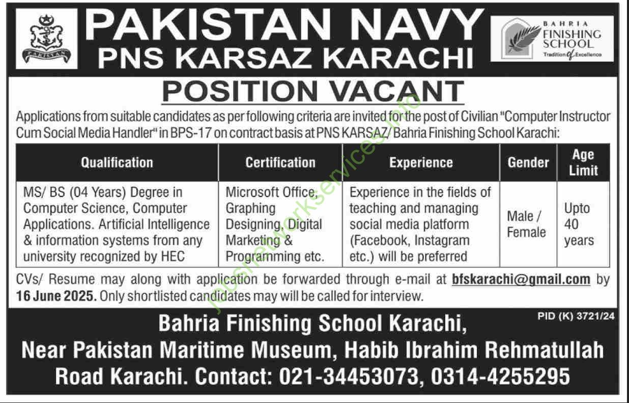 Pakistan Navy PNS Karsaz Karachi Jobs 2025