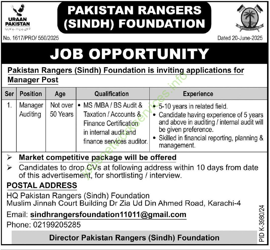 Pakistan Rangers (Sindh) Foundation Jobs 2025