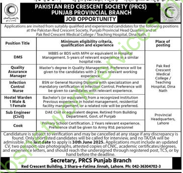 Pakistan Red Crescent Society PRCS Jobs 2025