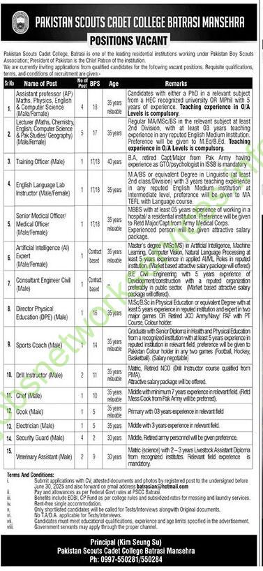 Pakistan Scouts Cadet College Batrasi Mansehra Jobs 2025