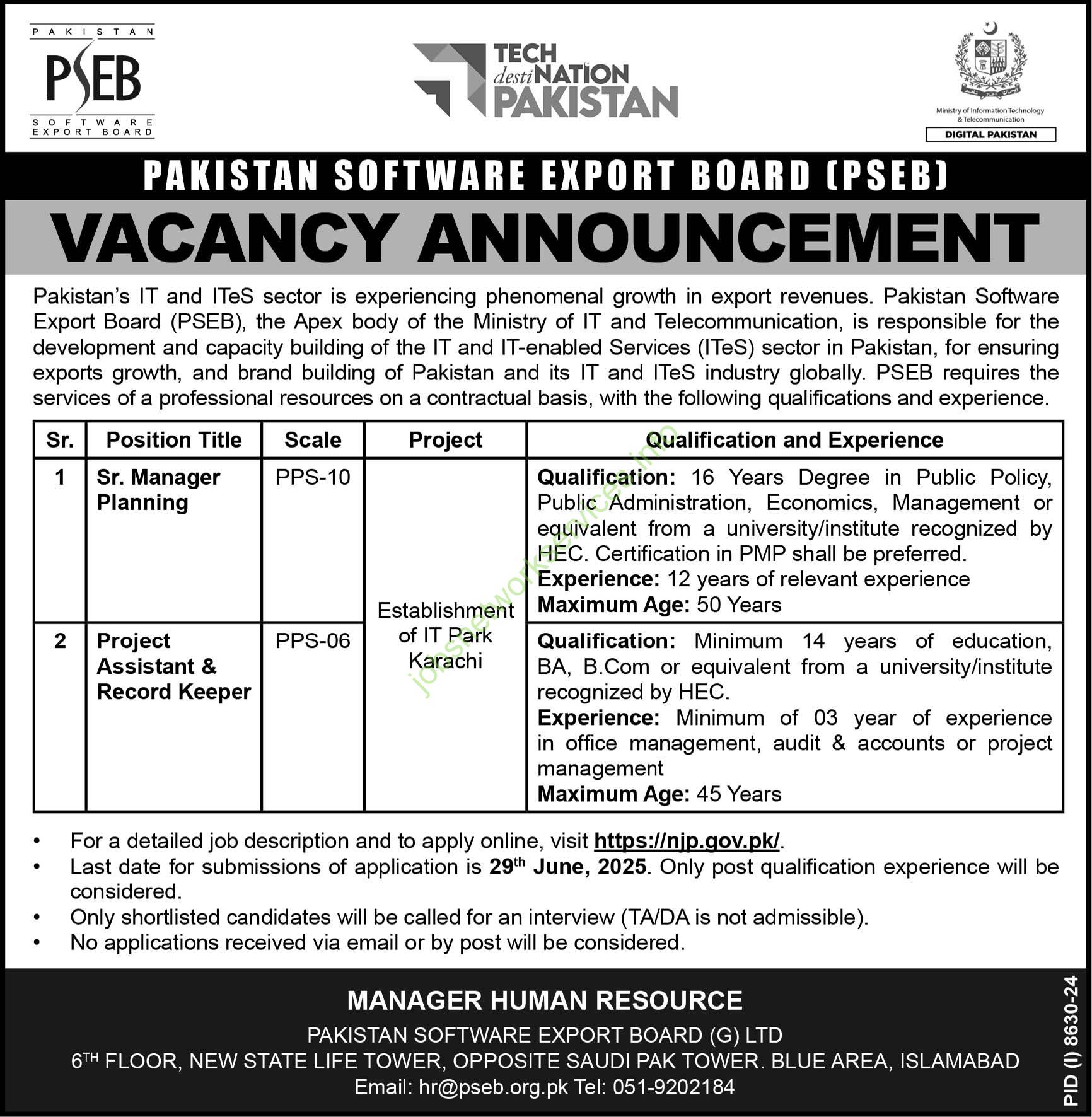 Pakistan Software Export Board PSEB Jobs 2025