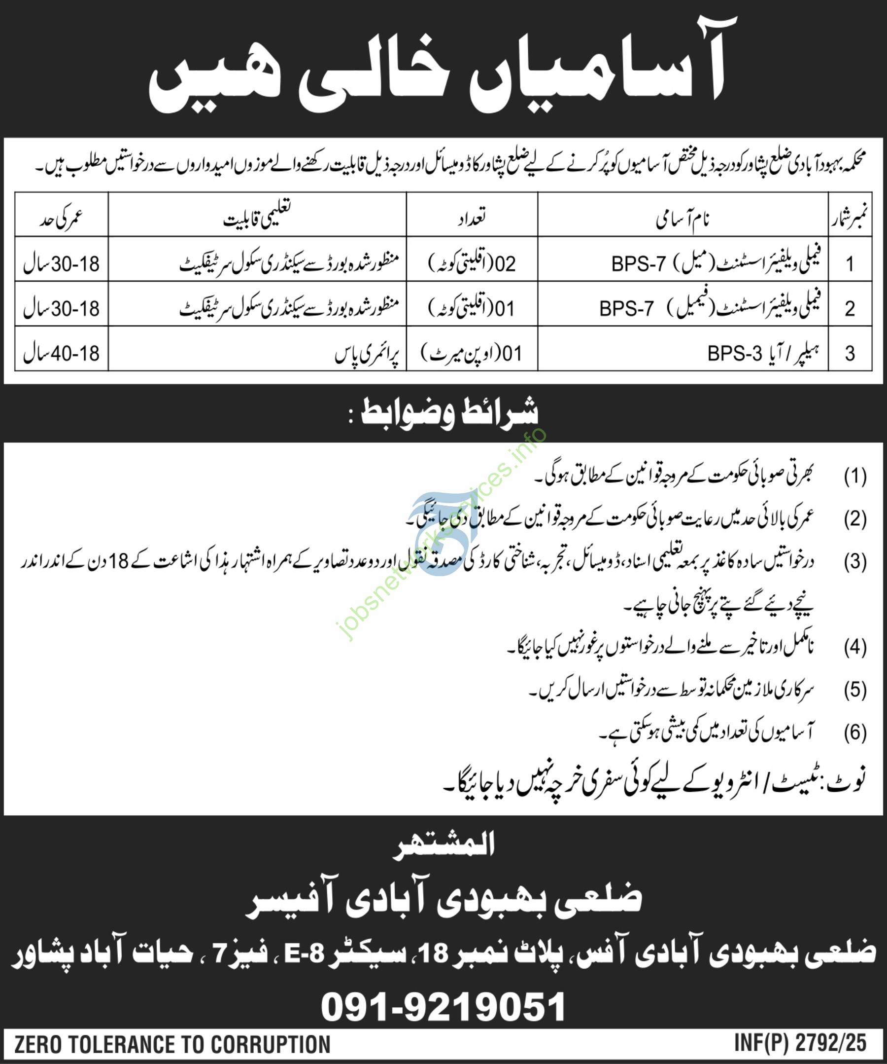 Population Welfare Department Family Welfare Assistant Jobs 2025