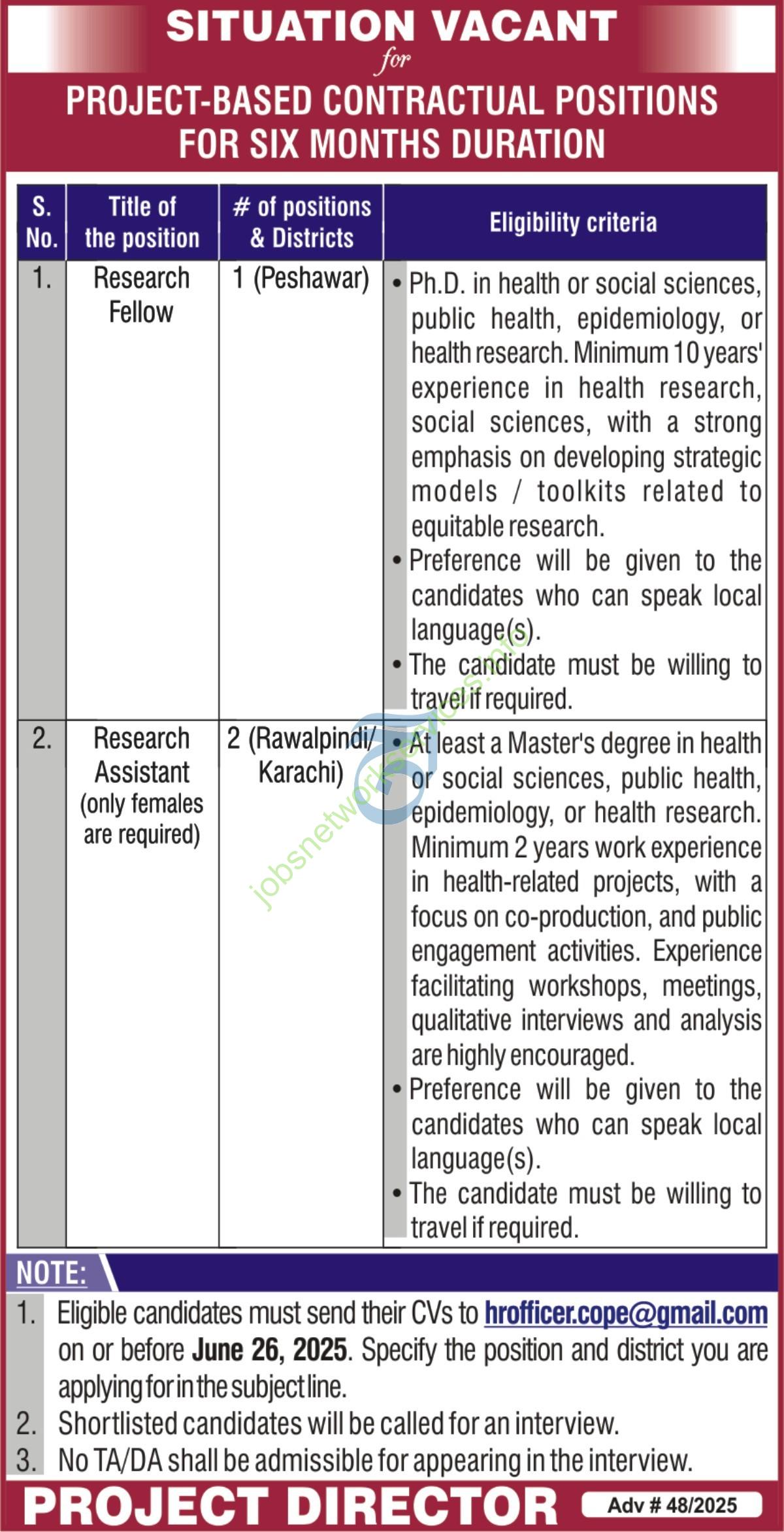 Project Based Contractual Positions Jobs 2025