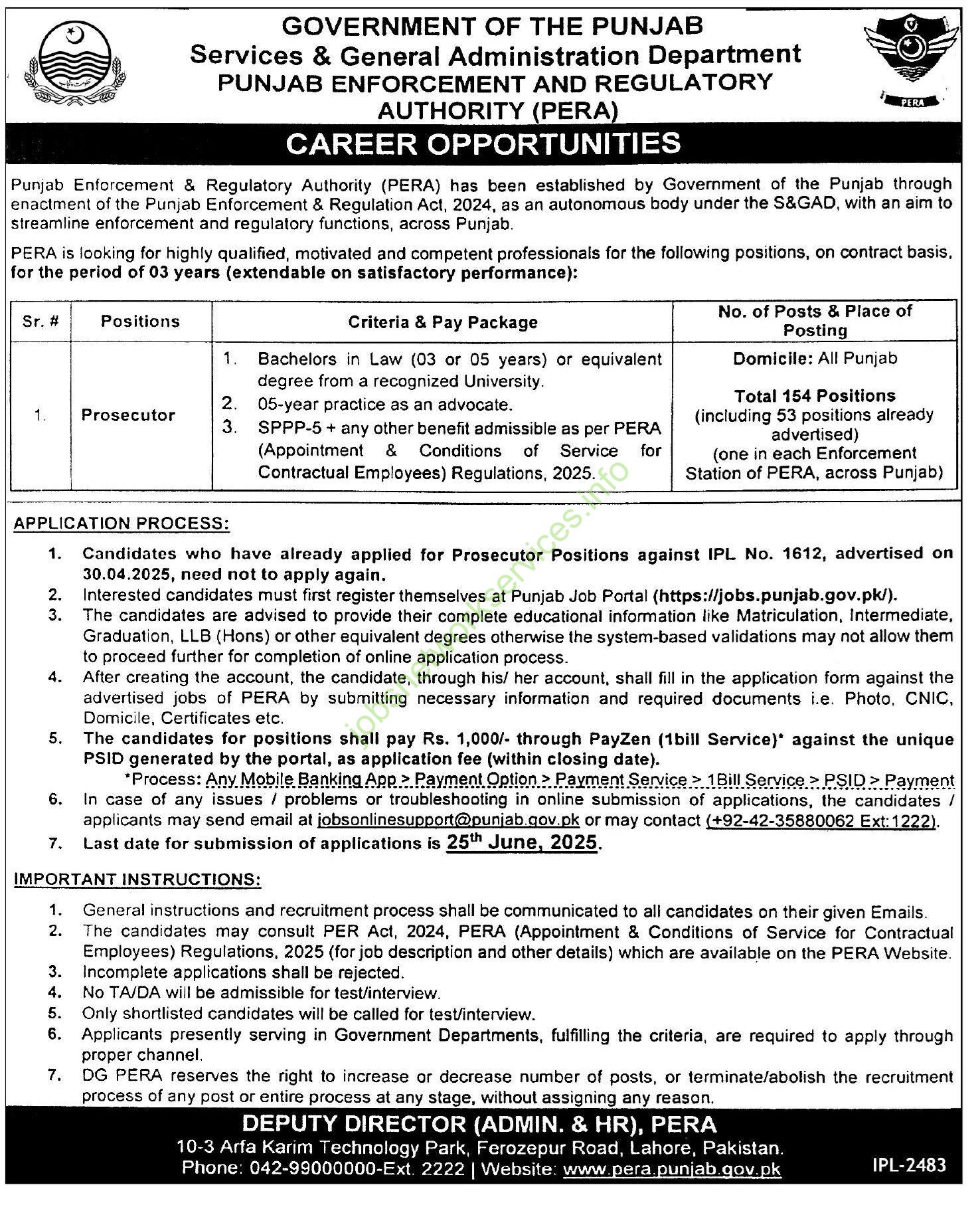 Punjab Enforcement and Regulatory Authority PERA New Jobs 2025
