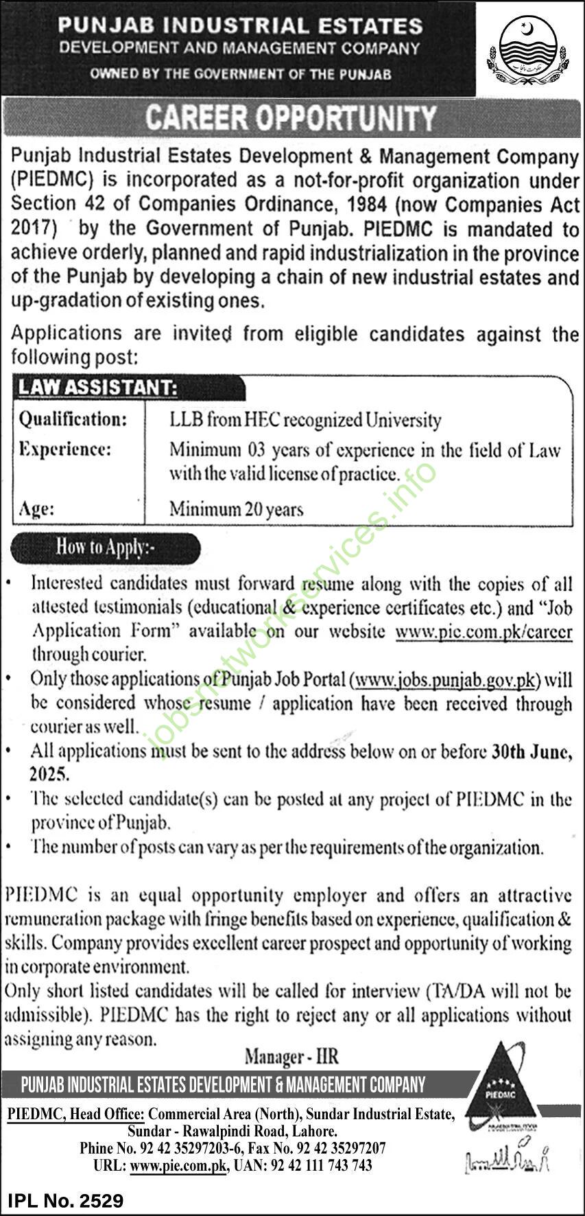 Punjab Industrial Estates Development & Management Company PIEDMC Jobs 2025