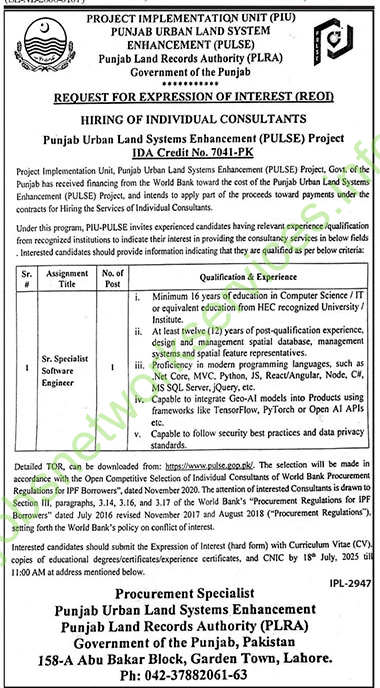 Punjab Land Records Authority PLRA Jobs 2025
