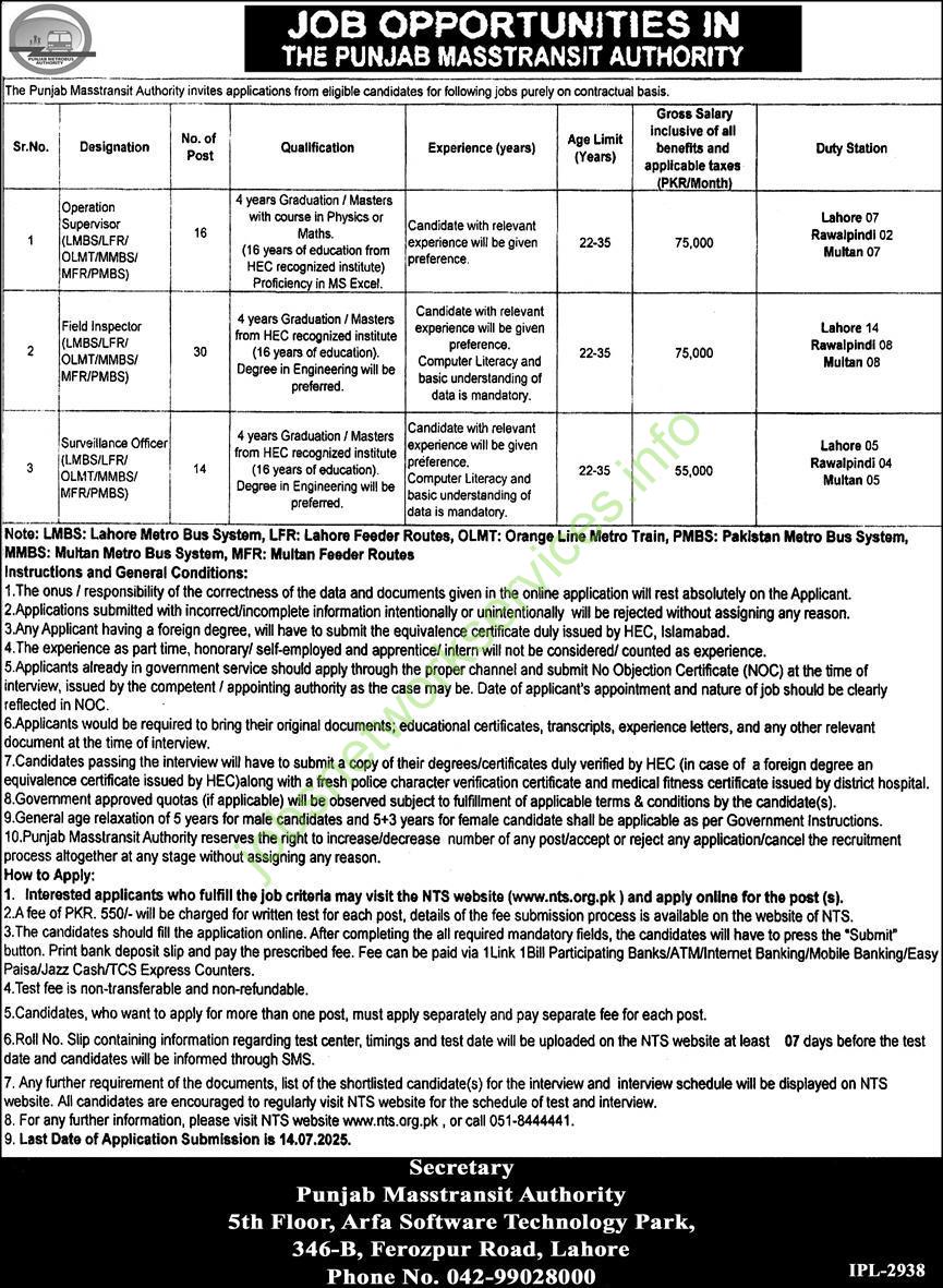 Punjab Masstransit Authority PMA Jobs 2025 Online Apply Now