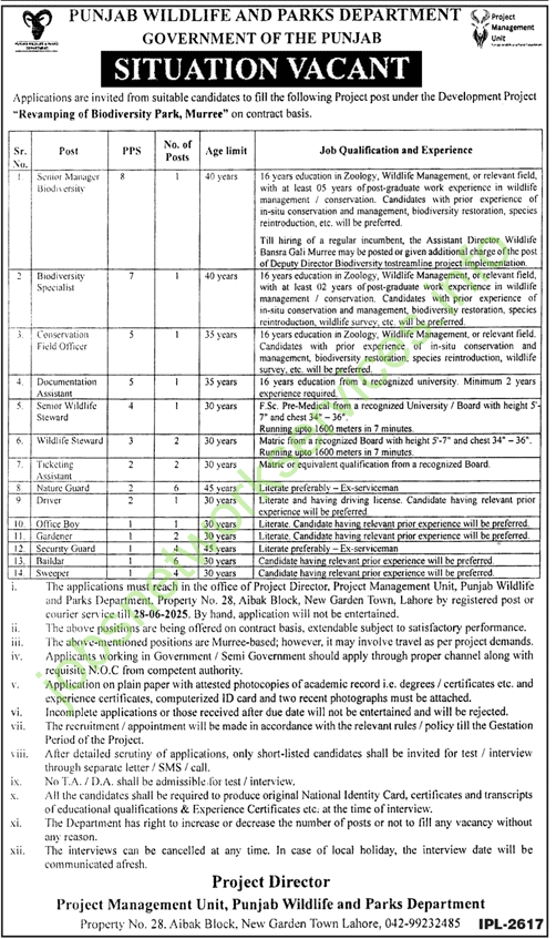 Punjab Wildlife and Parks Department Punjab Jobs 2025