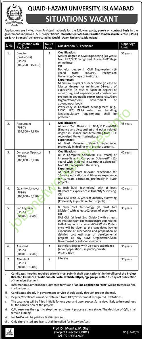 Quaid-i-Azam University Islamabad Jobs 2025