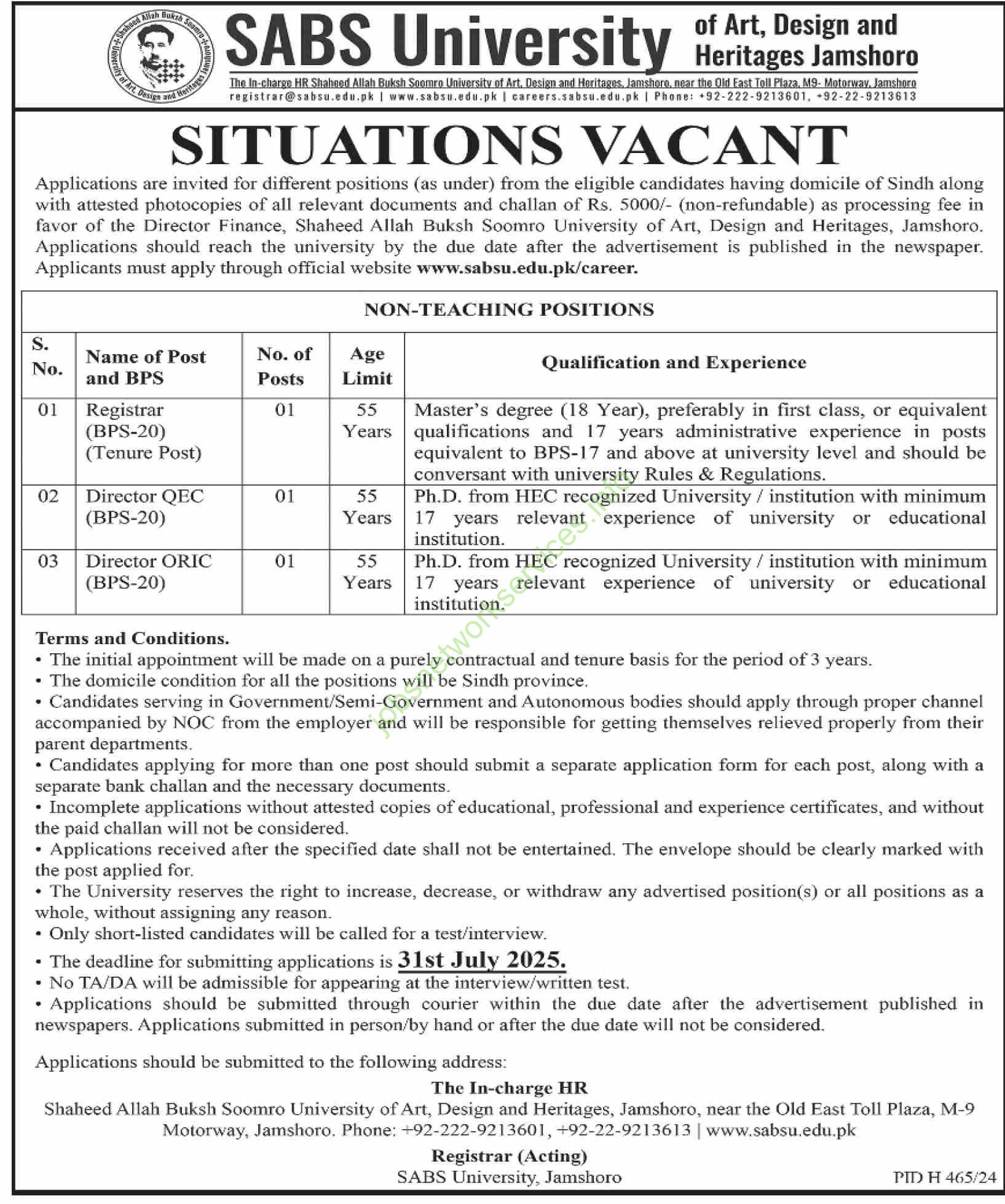 SABS University of Art Design and Heritages Jamshoro Jobs 2025
