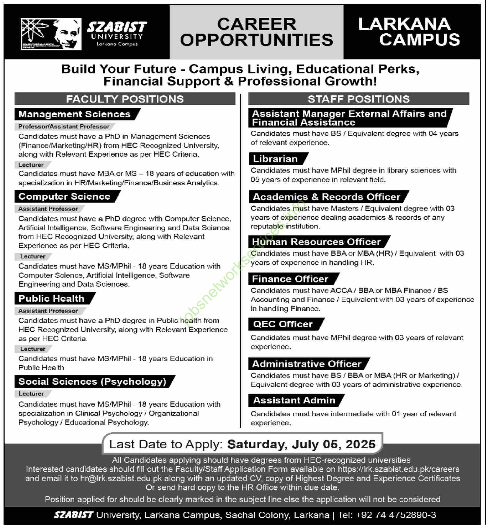 SZABIST University Larkana Campus Jobs 2025