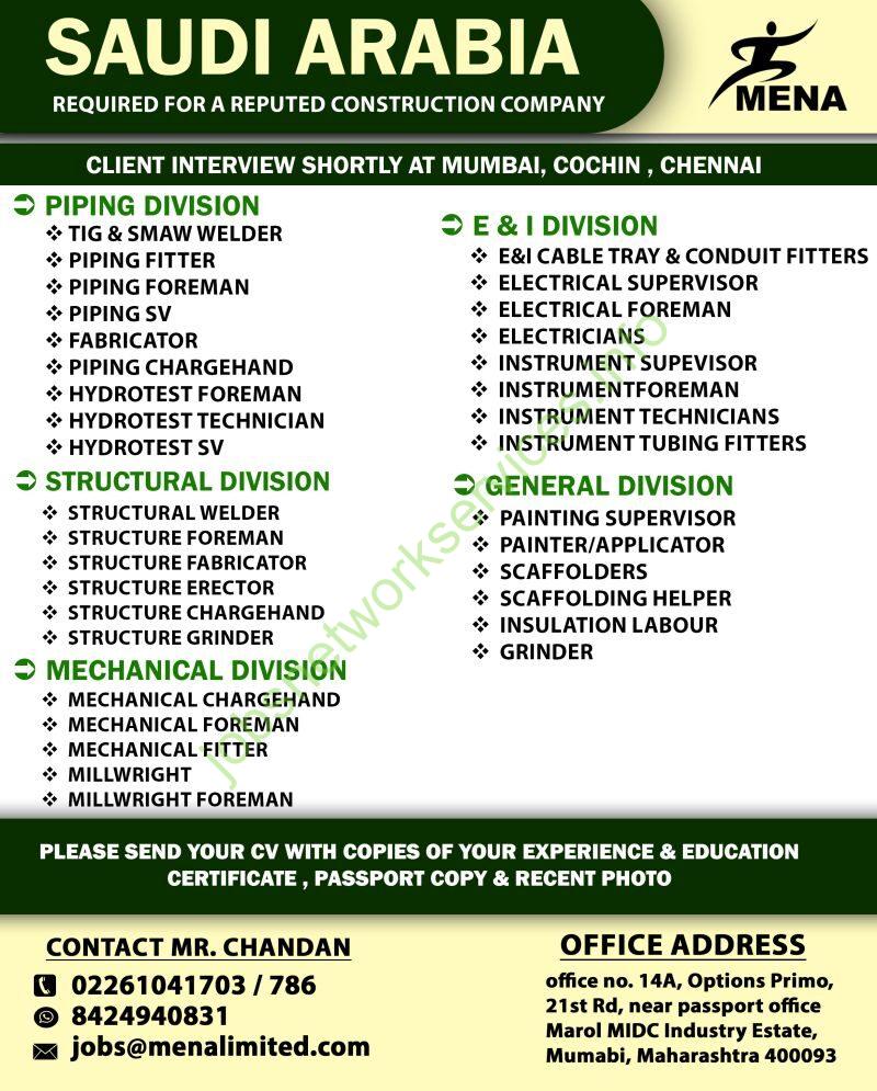 Saudi Arabia Jobs 2025 – Urgent Hiring for a Reputed Construction Company