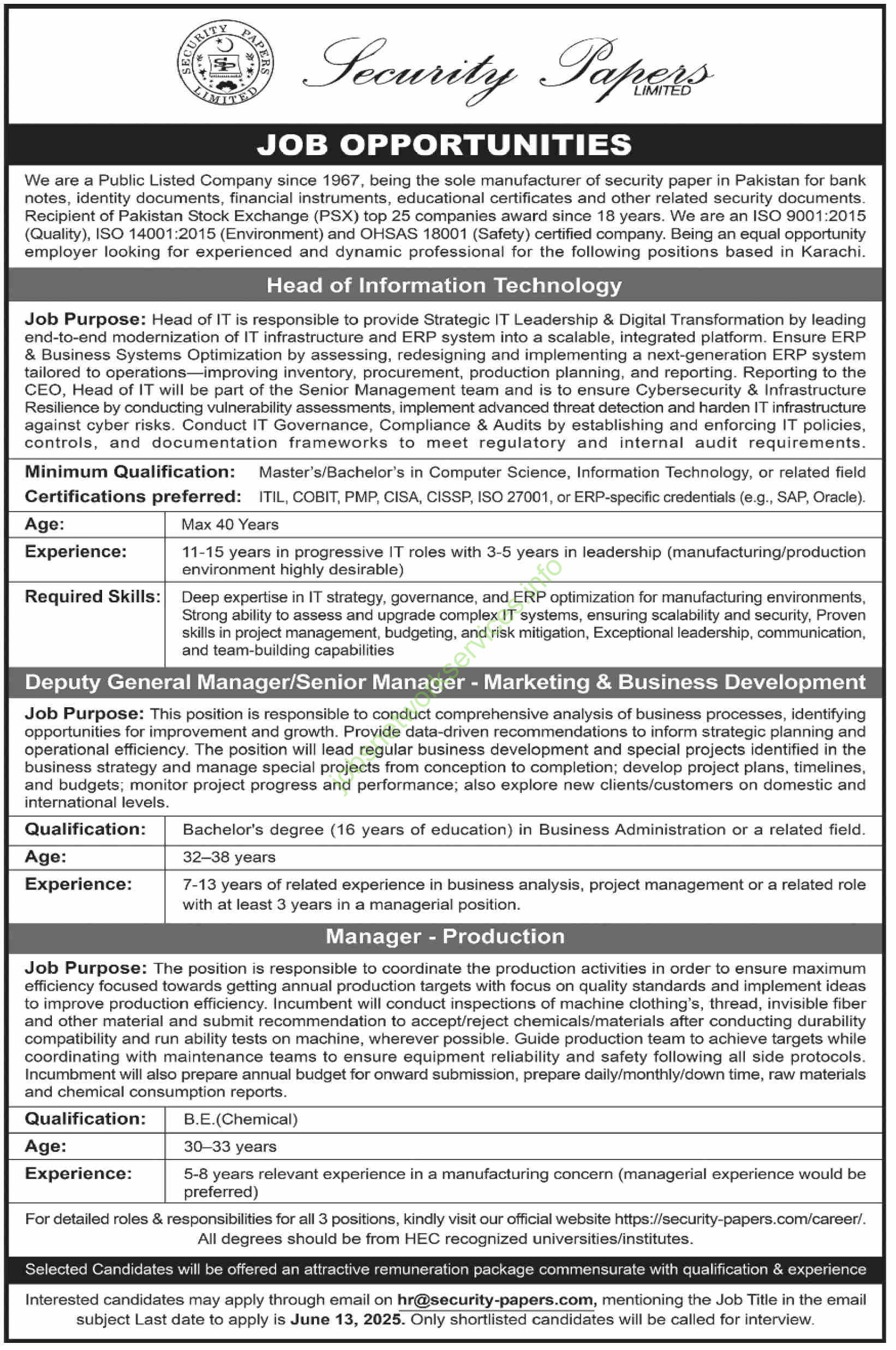 Security Papers Limited Pakistan Jobs 2025