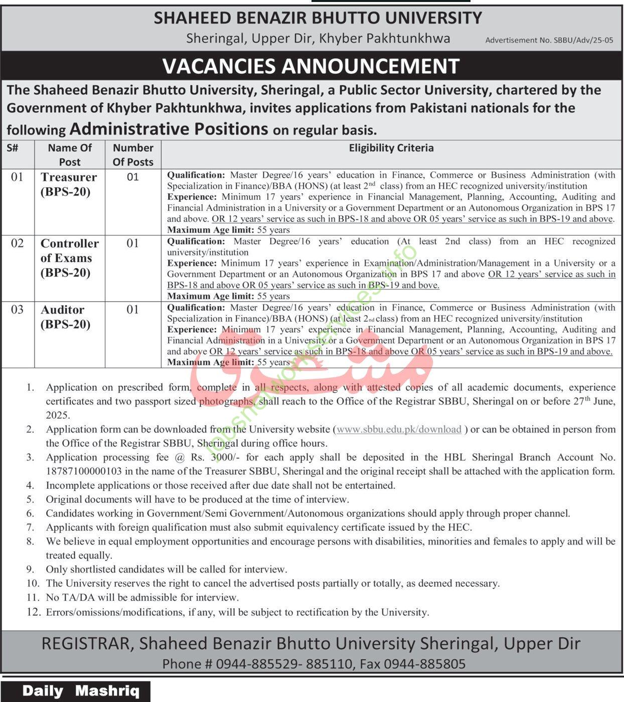 Shaheed Benazir Bhutto University SBBU Jobs 2025