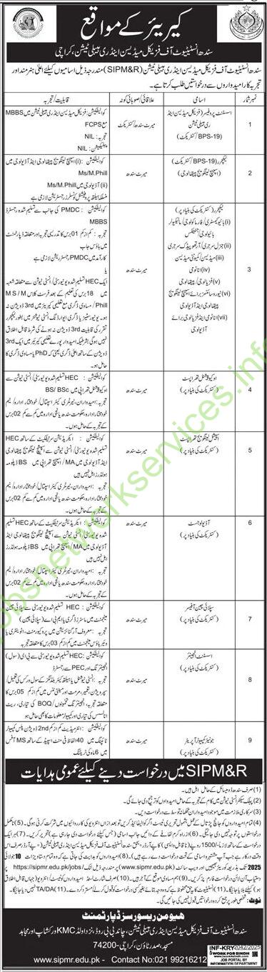 Sindh Institute of Physical Medicine & Rehabilitation (SIPM&R) Karachi Jobs 2025