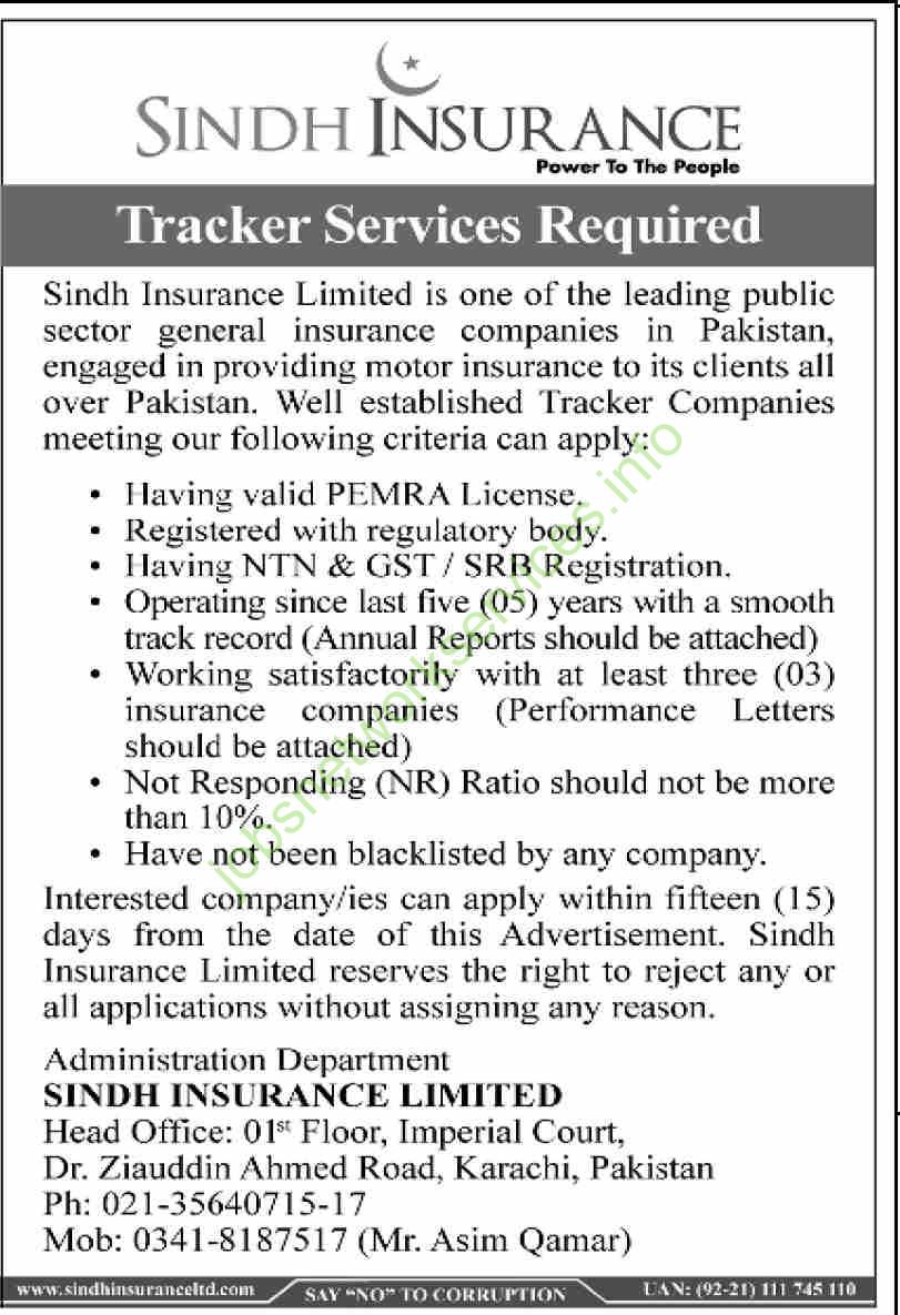 Sindh Insurance Tracker Services Jobs 2025