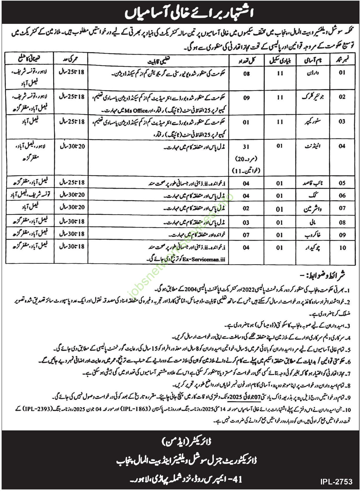 Social Welfare and Bait-ul-Maal Department Jobs 2025 for Lahore, Taunsa Sharif, Faisalabad, Muzaffargarh