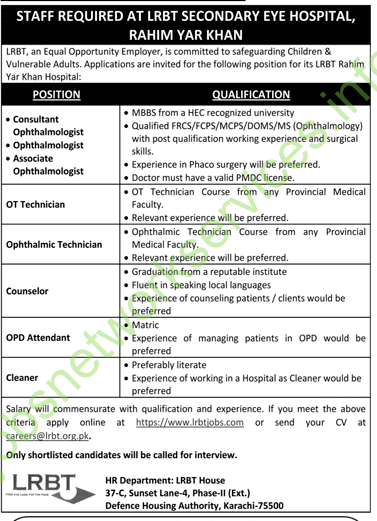 Staff Required at LRBT Secondary EYE Hospital Rahim Yar Khan Jobs 2025