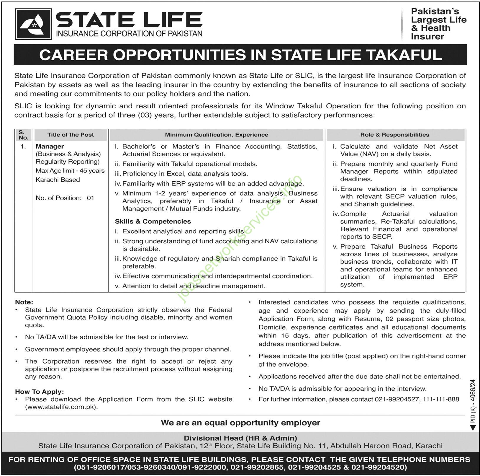State Life Insurance Corporation of Pakistan Jobs 2025