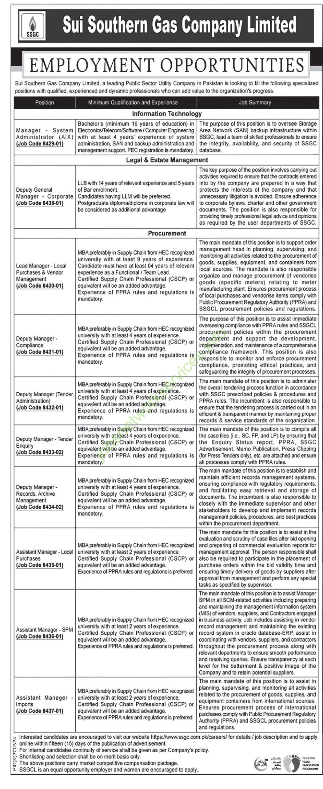 Sui Southern Gas Company Limited SSGC Jobs 2025