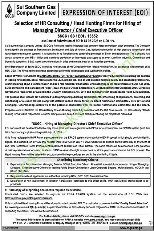 Sui Southern Gas Company Limited SSGC Jobs 2025