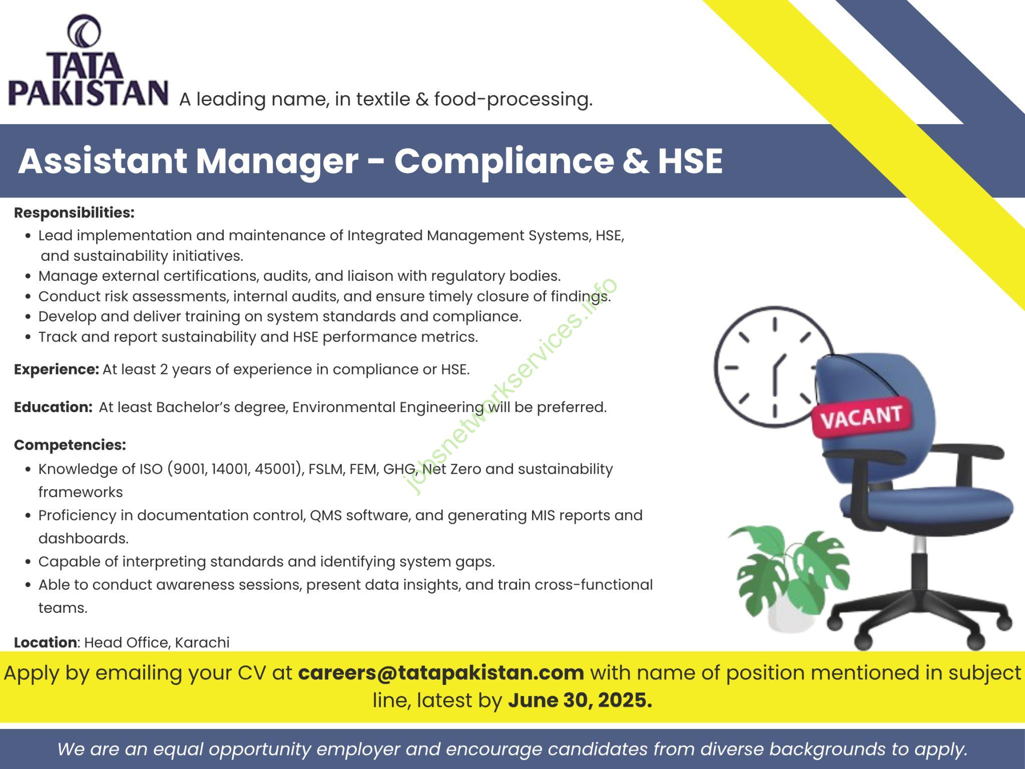 TaTa Pakistan Jobs 2025 – Assistant Manager Compliance & HSE
