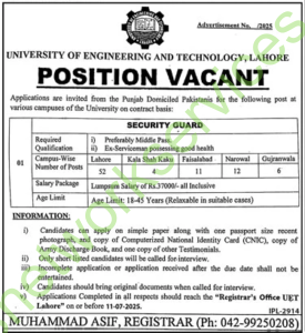 University of Engineering & Technology (UET) Lahore Jobs – Position Vacant