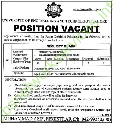 University of Engineering & Technology (UET) Lahore Jobs – Position Vacant