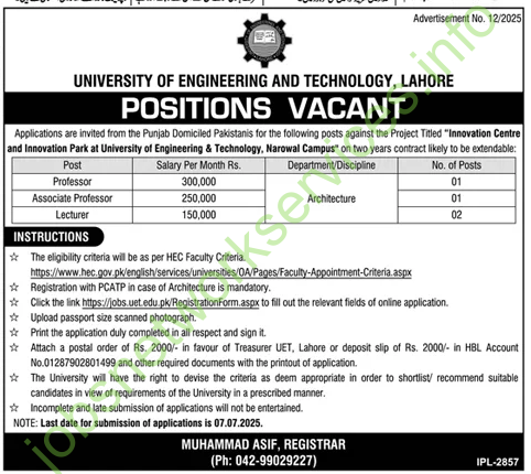 University of Engineering and Technology Lahore Jobs 2025 Latest UET Jobs