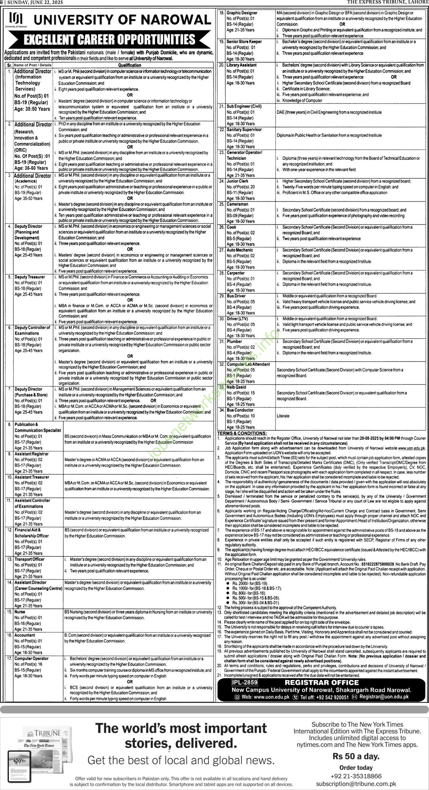 University of Narowal UON Jobs 2025 Latest Advertisement