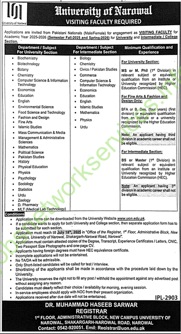University of Narowal Visiting Faculty Jobs 2025