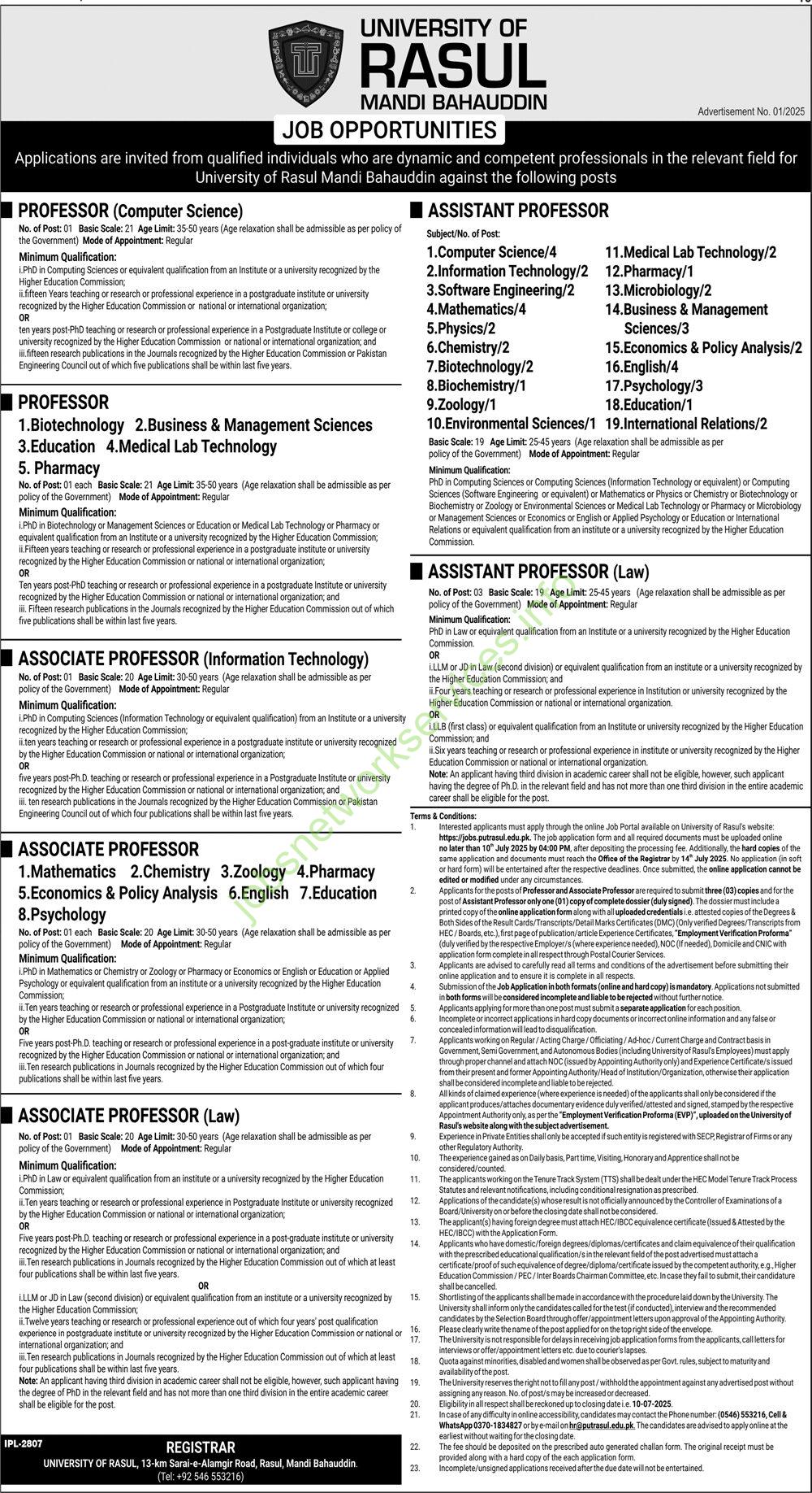 University of Rasul Mandi Bahauddin Jobs 2025 Latest PUTRASUL Jobs