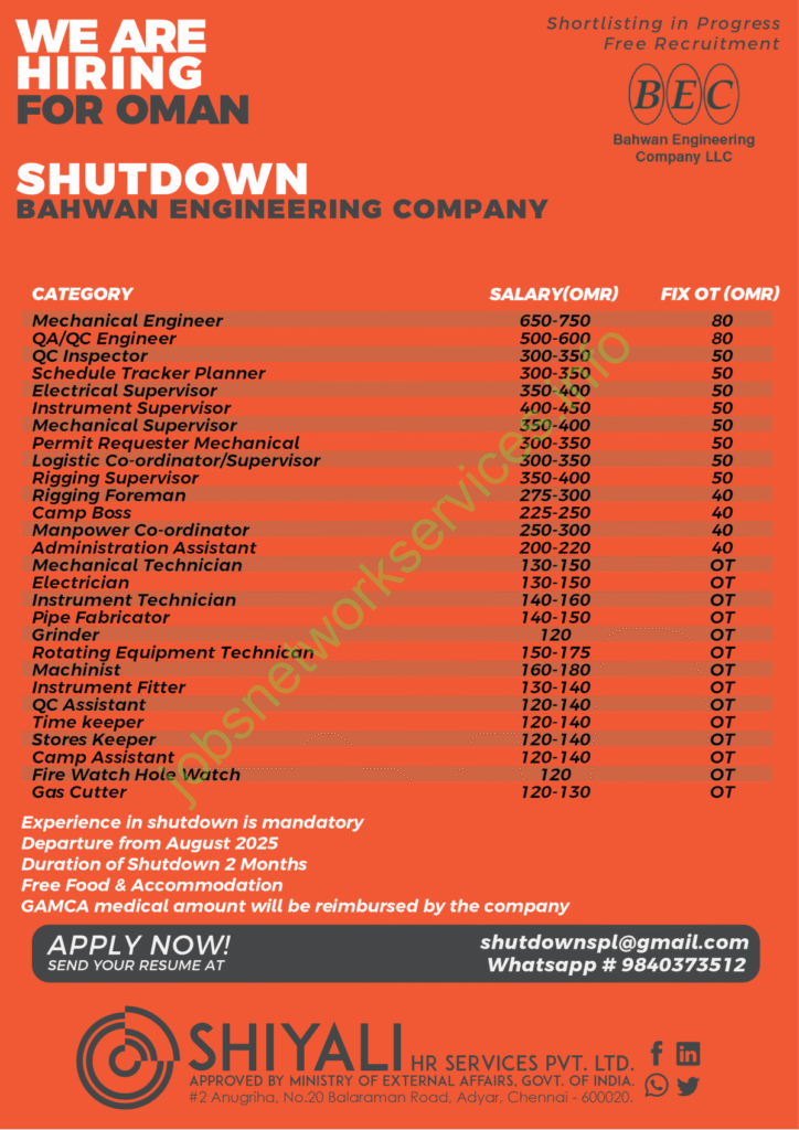 Urgent Hiring for Oman Jobs Shutdown Jobs with Bahwan Engineering Company