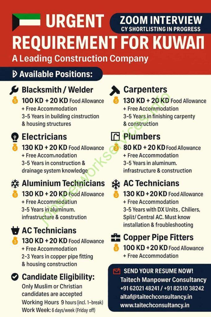 Urgent Requirement for Kuwait Jobs 2025 - A Leading Construction Company