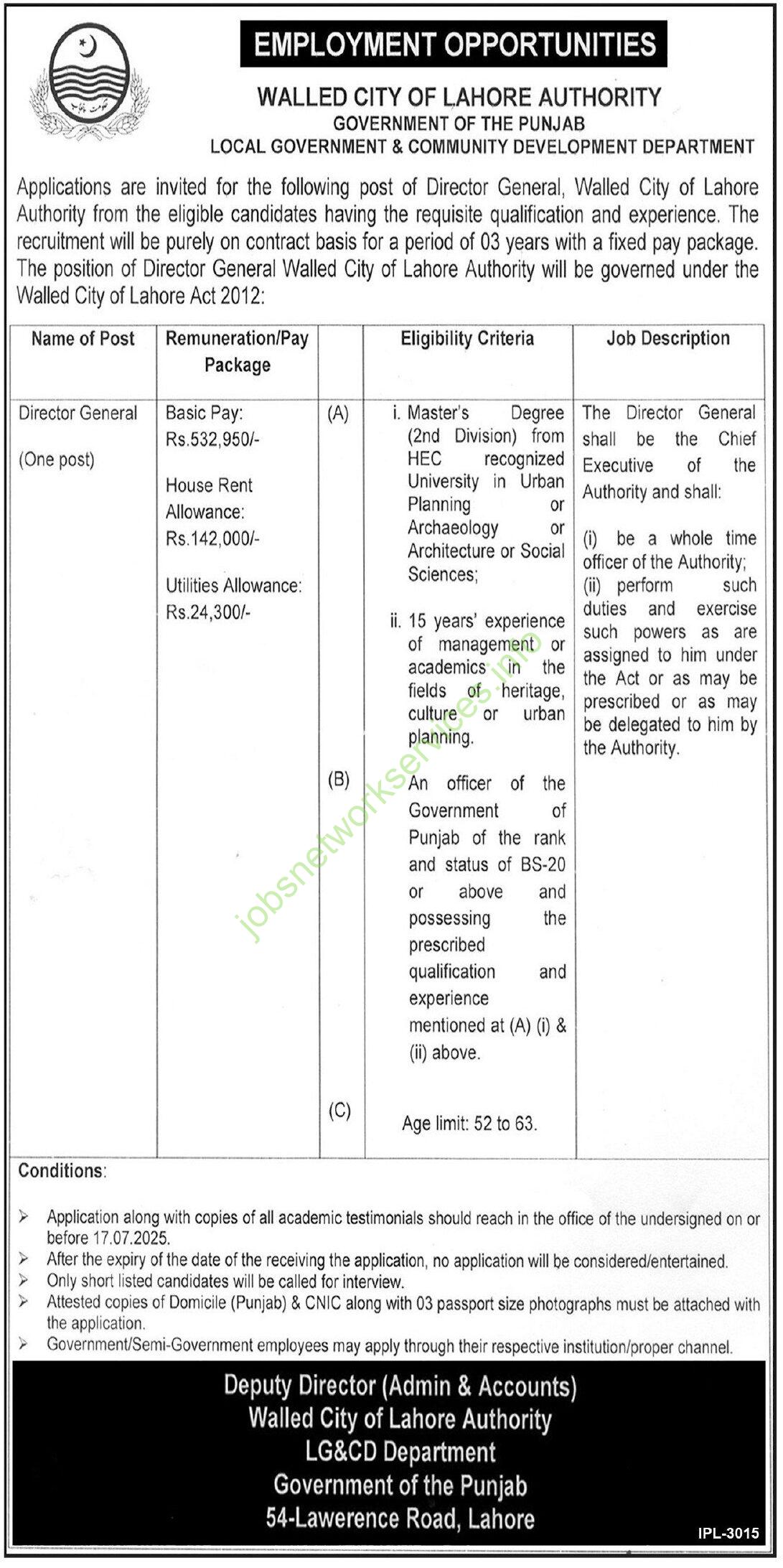 Walled City of Lahore Authority WCLA Jobs 2025