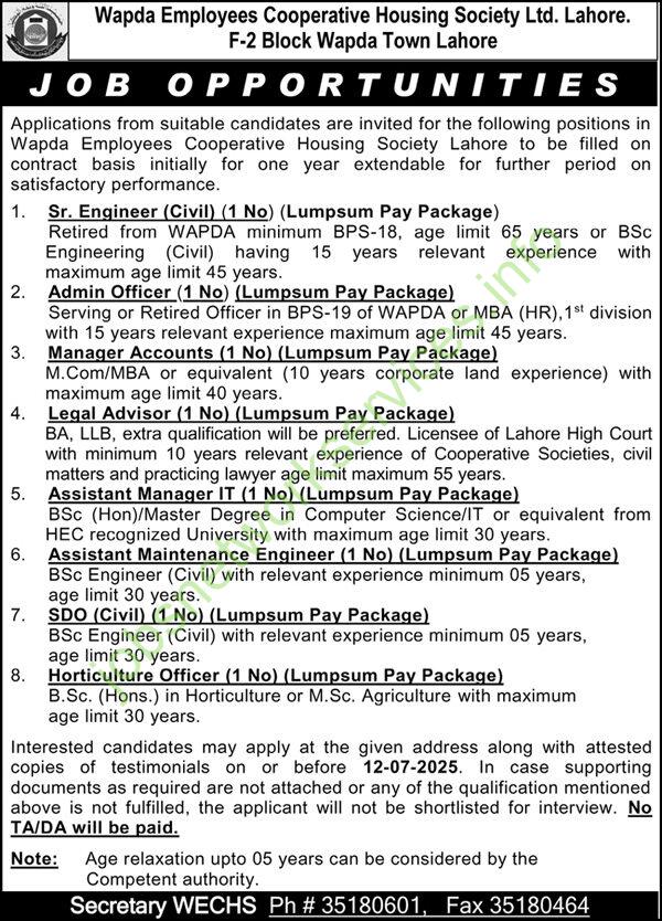 Wapda Employees Cooperative Housing Society Ltd Lahore Jobs 2025
