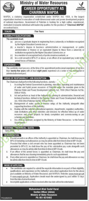Ministry Of Water Resources Career Opportunity As Chairman Wapda