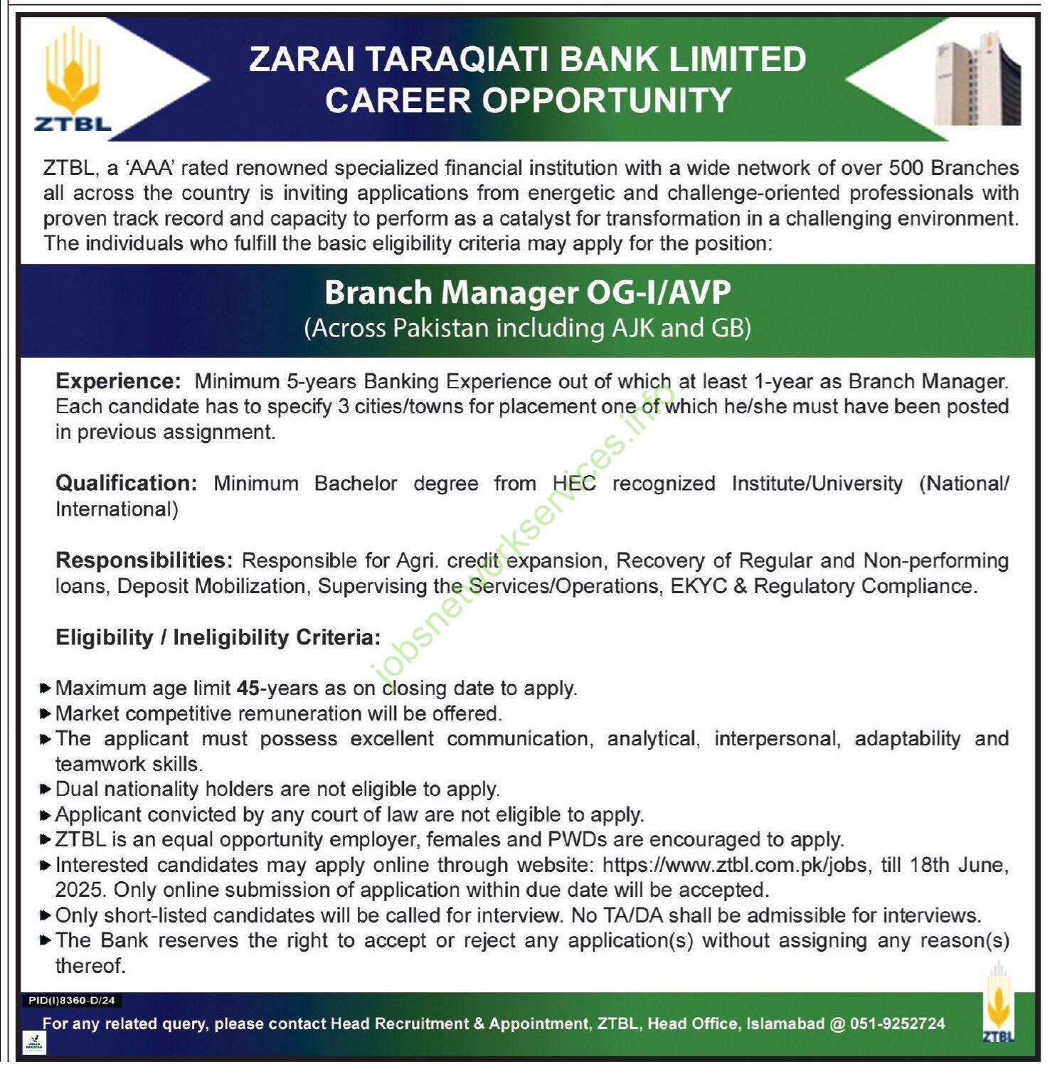 ZTBL Branch Manager Jobs 2025 Across Pakistan Including AJK and GB