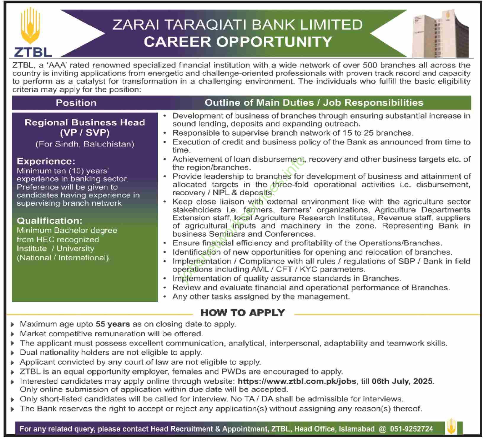 Zarai Taraqiati Bank Limited ZTBL Jobs 2025
